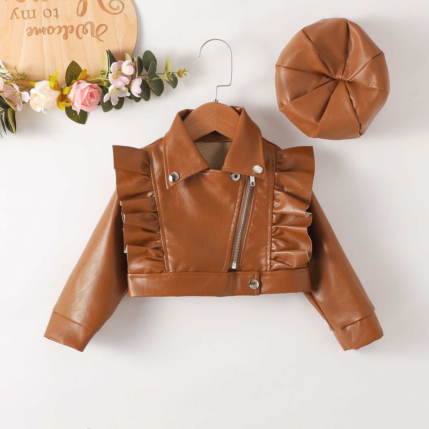 Girls Short Fashionable Ruffle Leather Jacket