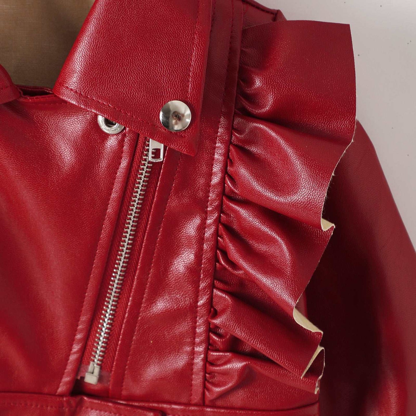 Girls Short Fashionable Ruffle Leather Jacket
