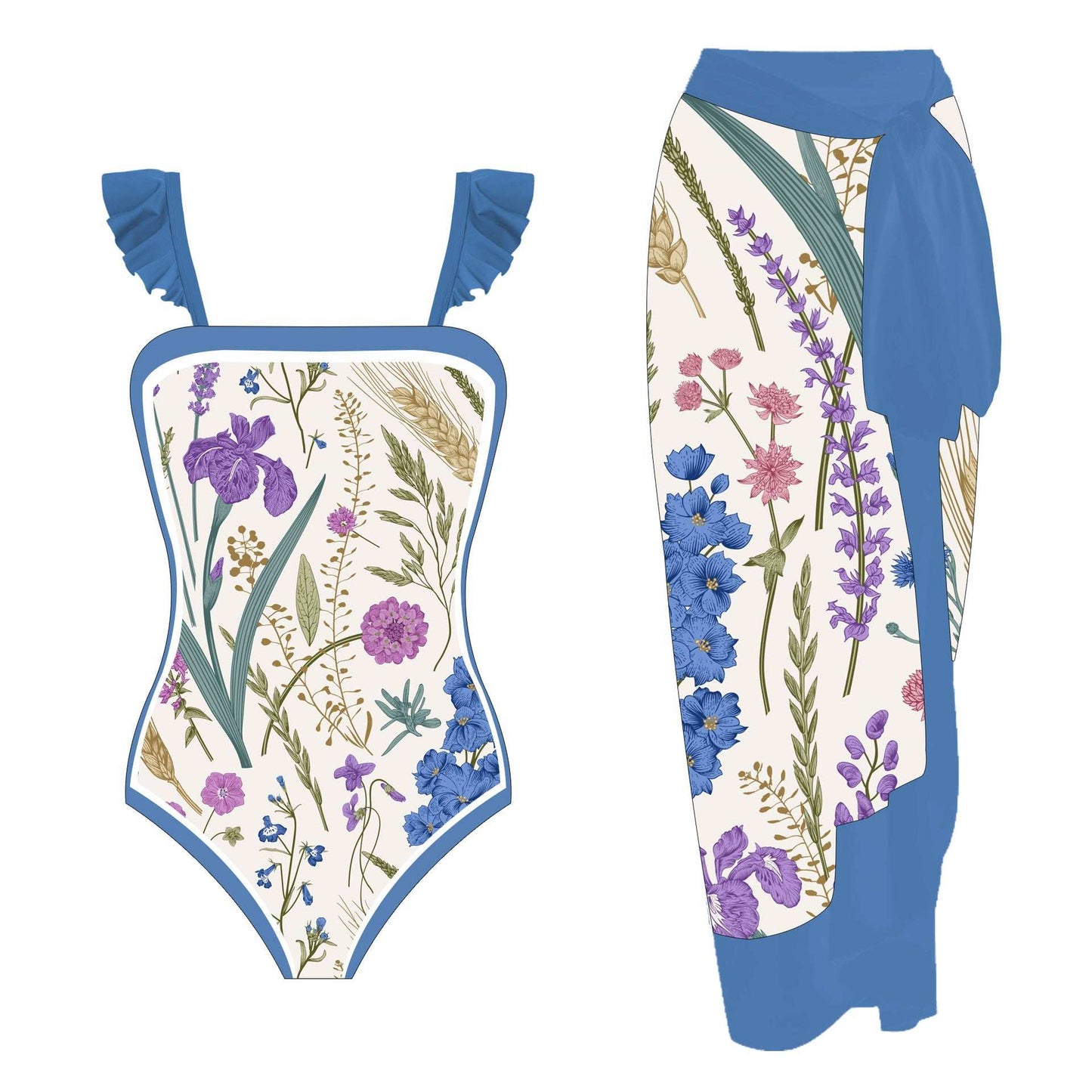 Girls One-piece Swimming Suit with Bottom Cover Set