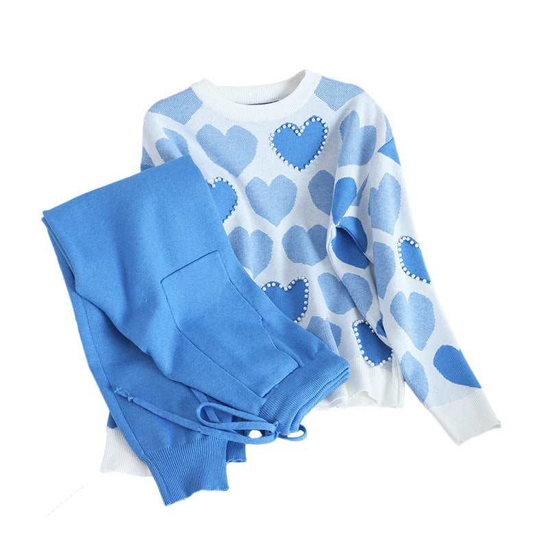 Heart-shaped Beaded Sportswear Pullover Knit Set