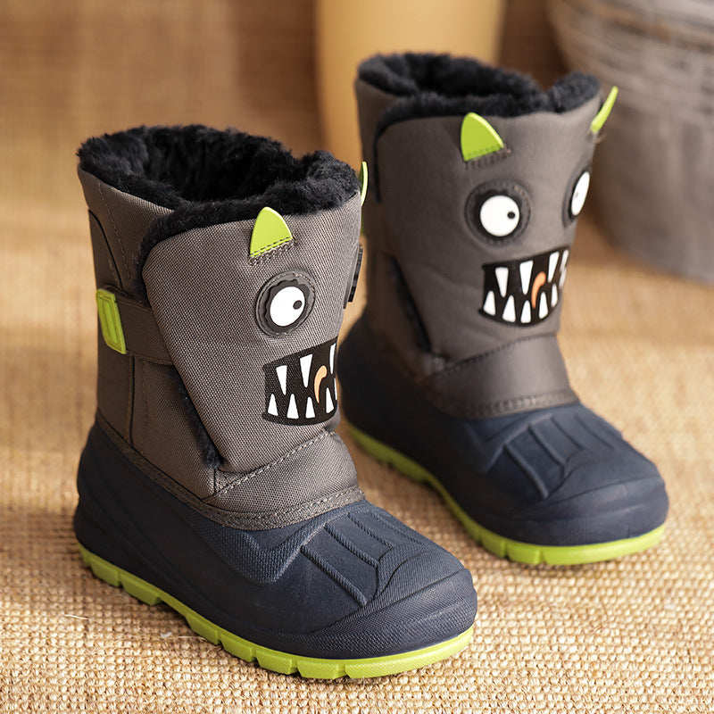 Children's thick warm cotton snow boots with a playful monster design, waterproof, black and green, suitable for toddlers to older kids.