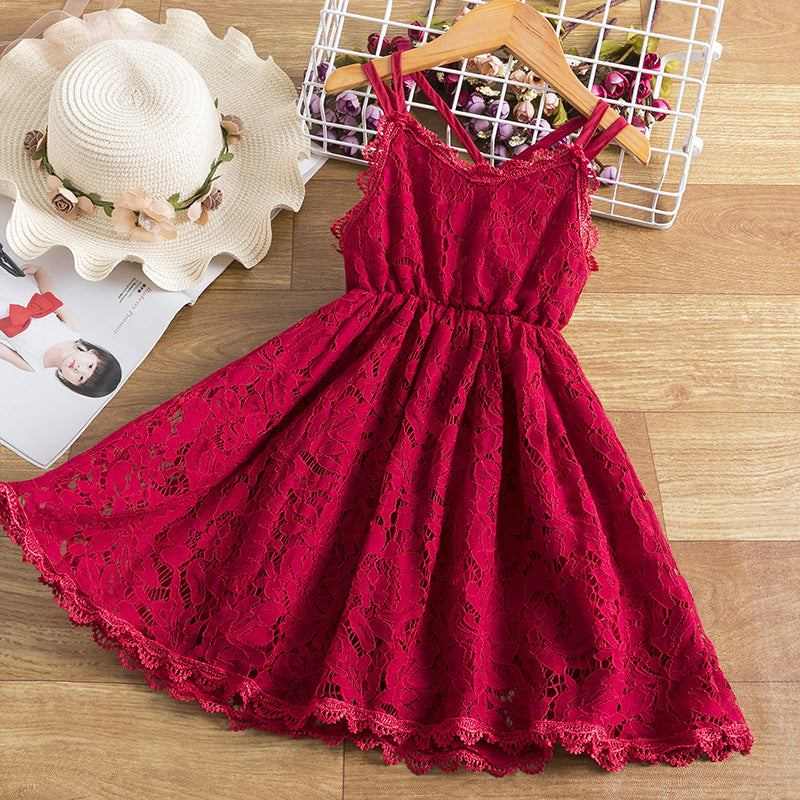 Girls Summer Solid Color Suspender Lace Cross Back Dress