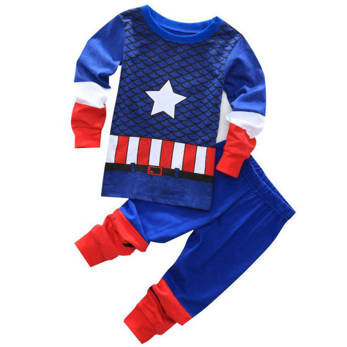 Boys' cartoon cotton long sleeve pajamas with star and stripes pattern.