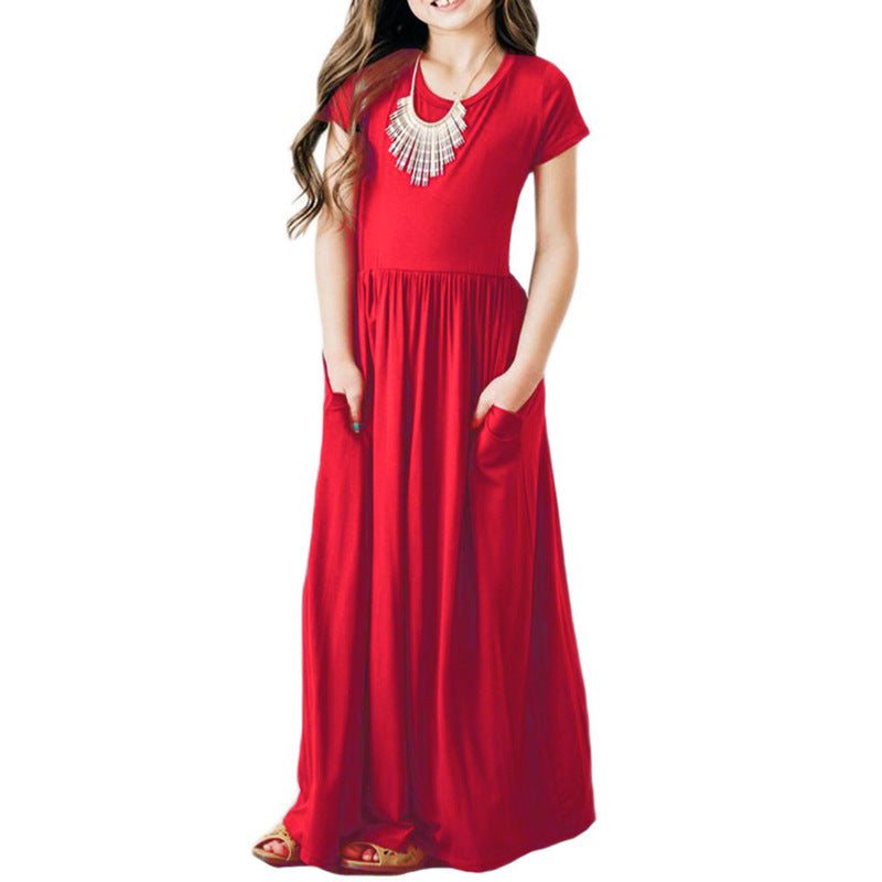 Girls Comfortable Short Sleeve Solid Color Dress with Pockets