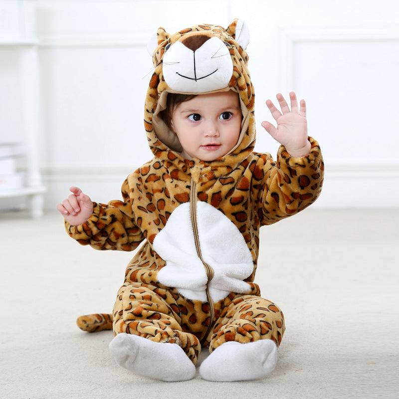 Baby in animal-themed winter autumn jumpsuit with hood, soft cotton fabric.