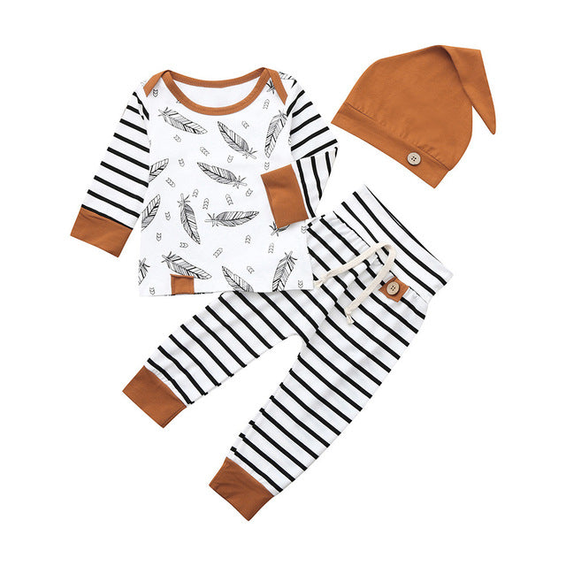 Children's cotton feather stripe 3 piece set with hat, top, and pants.