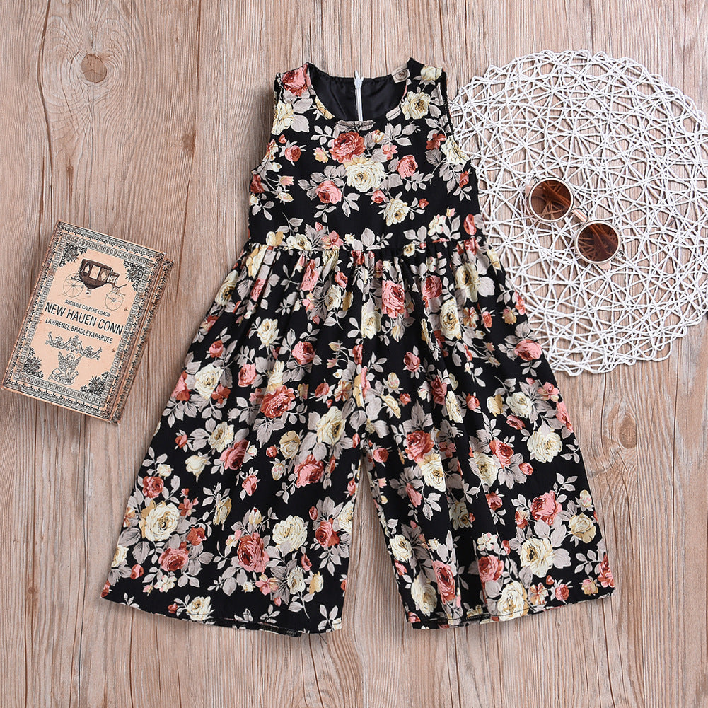 Loose Style Floral Girls Cotton Romper Wide-Leg Pants