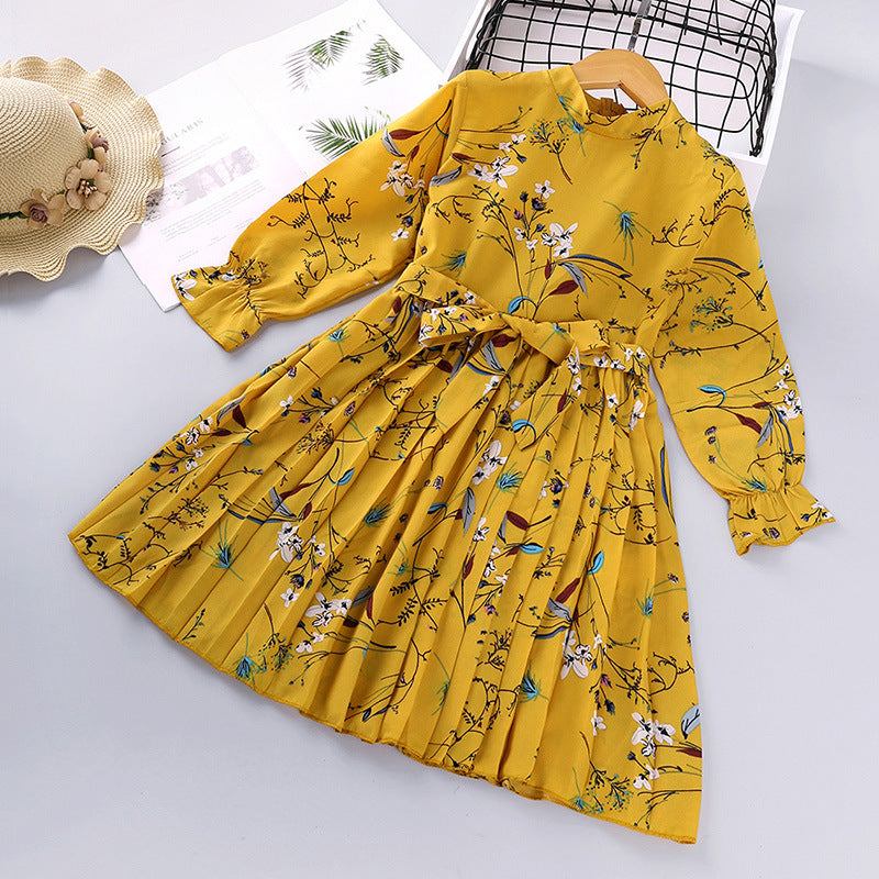 Kids casual long sleeve pleated floral dress, yellow, princess style, for girls aged 3-8 years.