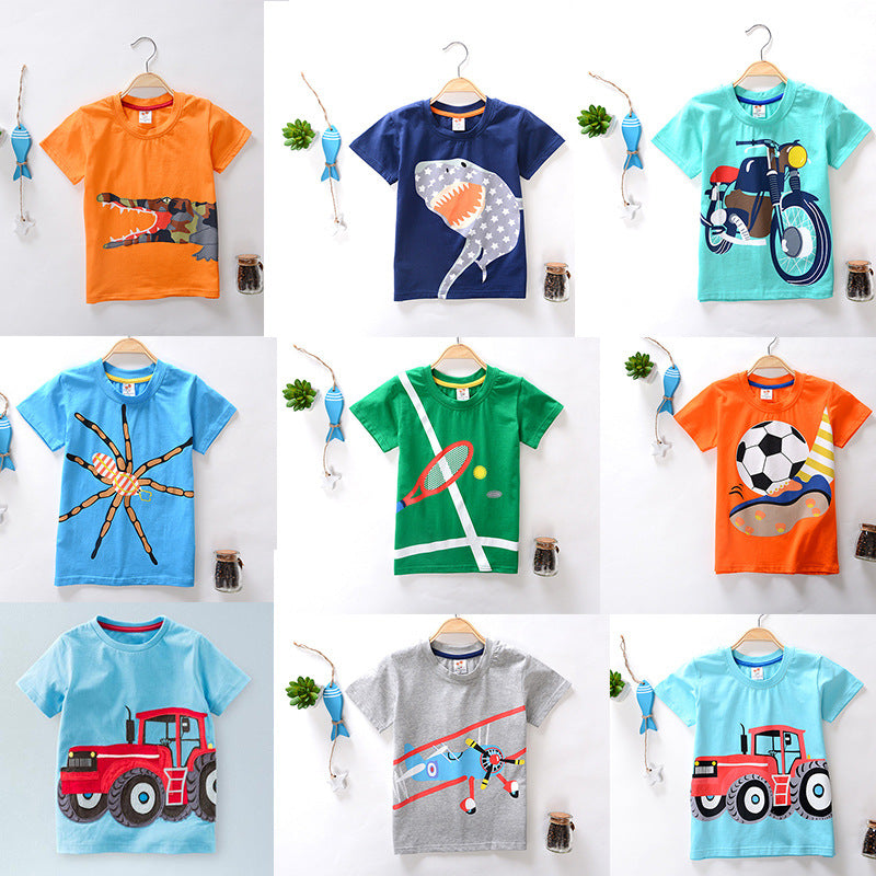 Children's short-sleeved cartoon T-shirts, various colors and designs, for ages 3-8, 100-140cm, summer wear.