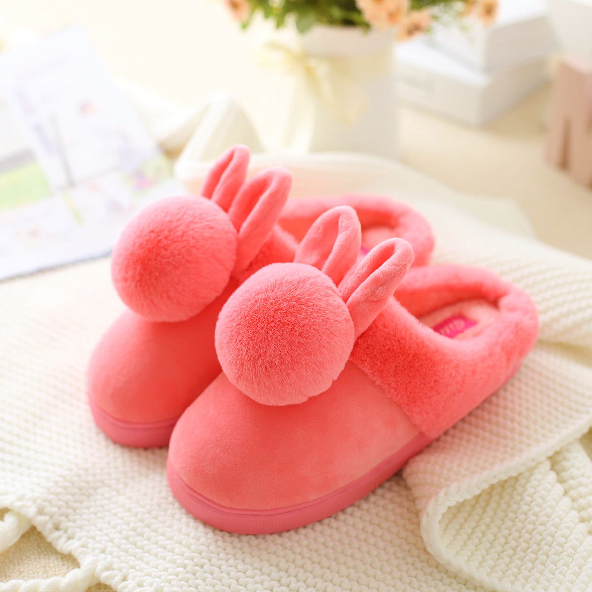 Children's Warm Cotton Bunny Ear Ball Indoor Slippers