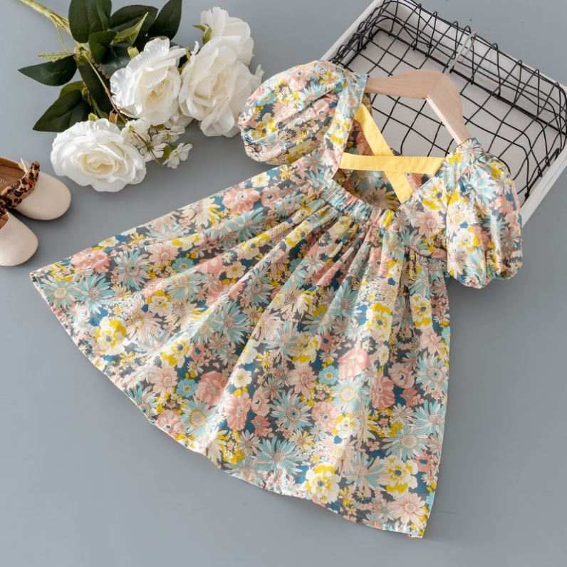 Girls Cross Back Bubble Casual Floral Dress