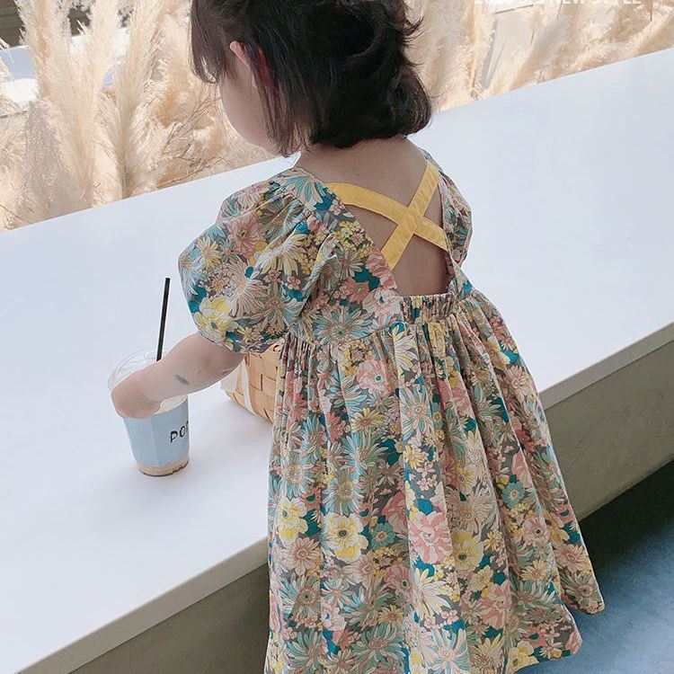 Girls Cross Back Bubble Casual Floral Dress