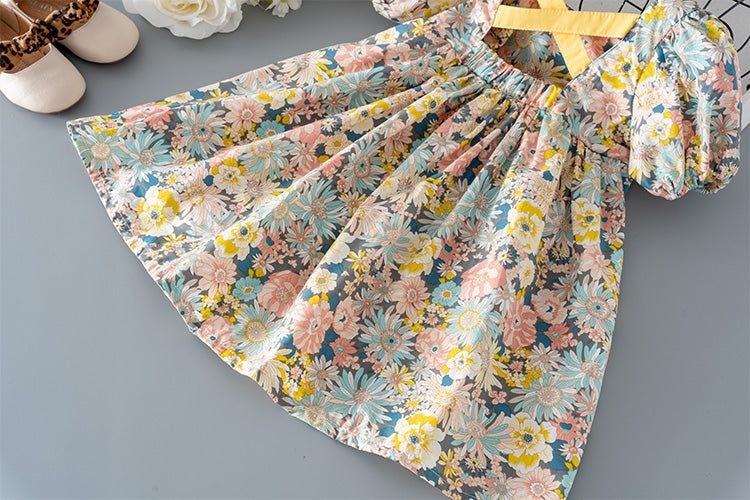 Girls Cross Back Bubble Casual Floral Dress