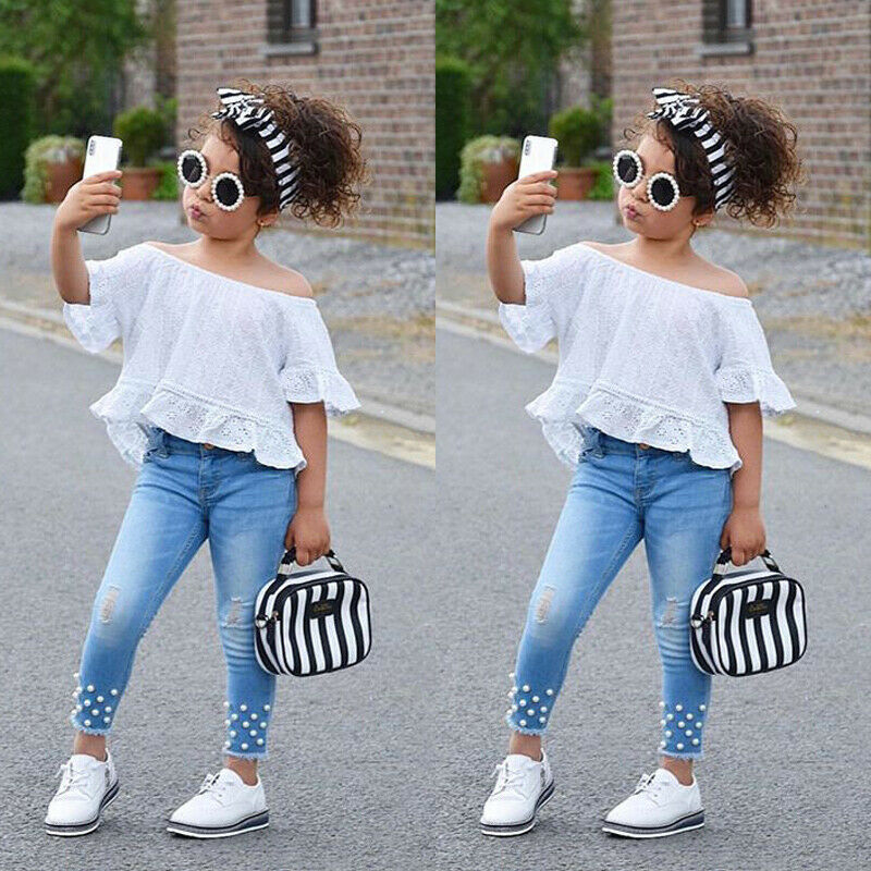 Girls Cute Casual White Shirt with Pearl Jean Bottoms