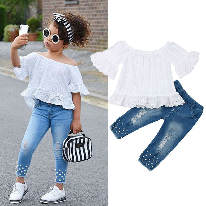 Girls Cute Casual White Shirt with Pearl Jean Bottoms