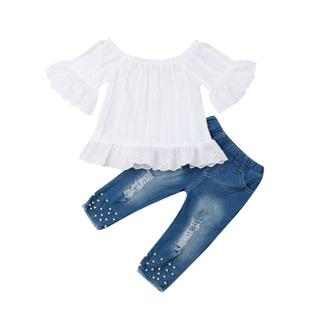 Girls Cute Casual White Shirt with Pearl Jean Bottoms