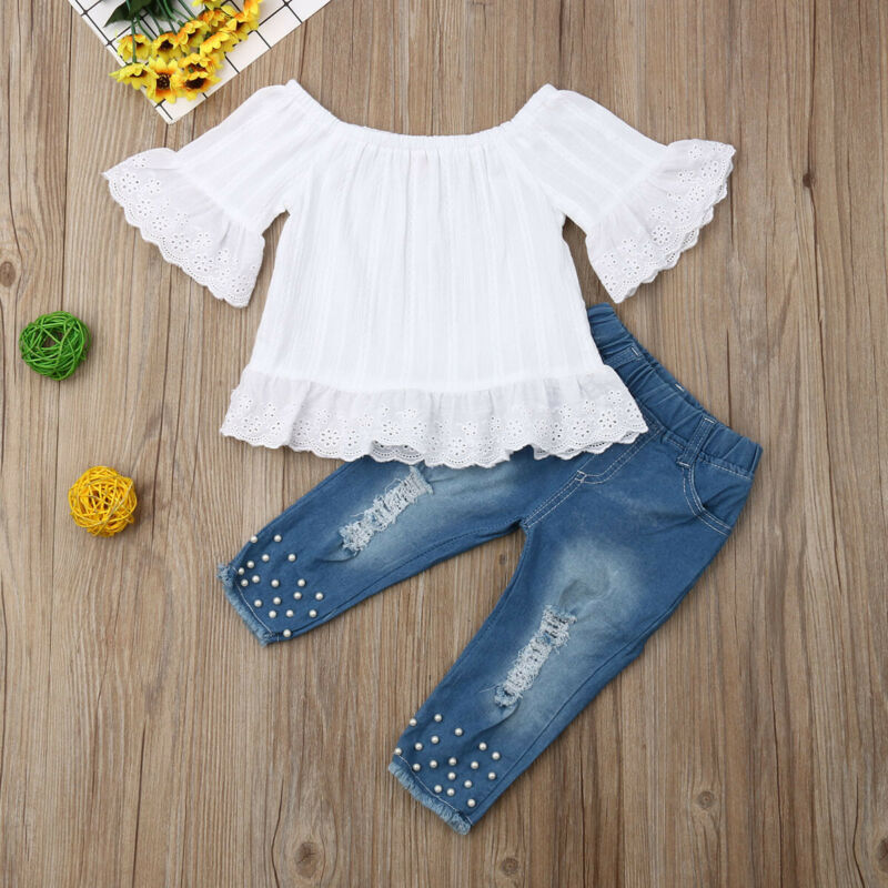 Girls Cute Casual White Shirt with Pearl Jean Bottoms