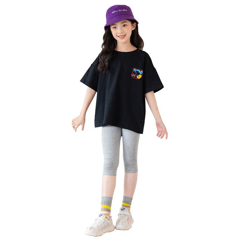 Cartoon Bear Irregular Top Short-sleeved Shirt or Grey Leggings
