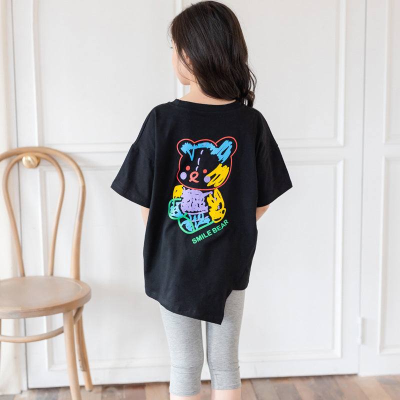 Cartoon Bear Irregular Top Short-sleeved Shirt or Grey Leggings