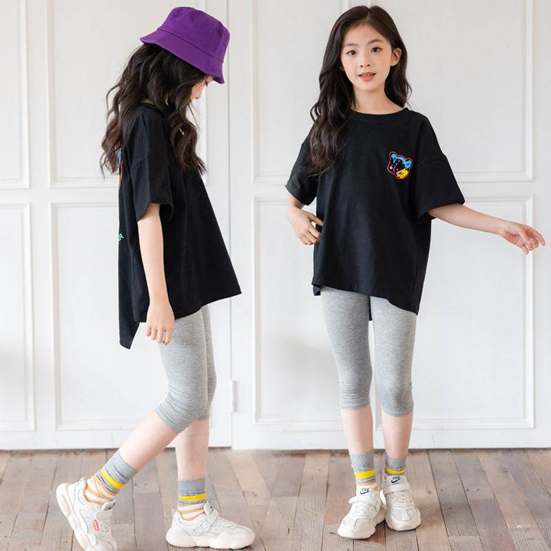 Cartoon Bear Irregular Top Short-sleeved Shirt or Grey Leggings