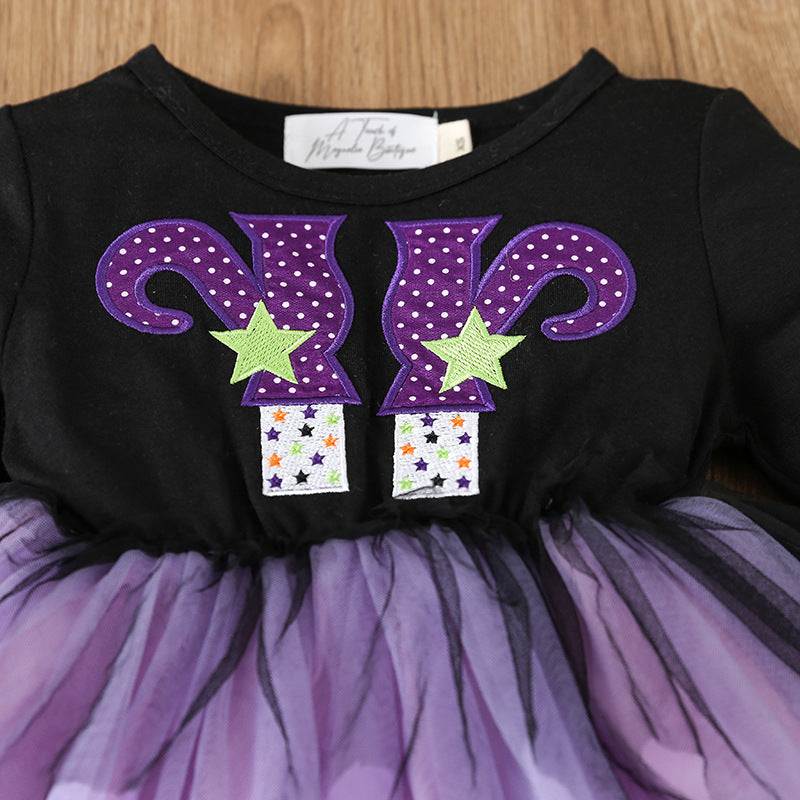 Girls Cute Spooky Halloween Witch Theme Trendy Long Sleeve Dress