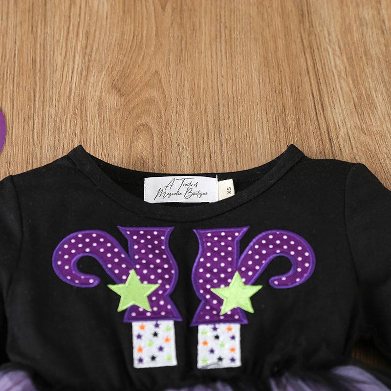 Girls Cute Spooky Halloween Witch Theme Trendy Long Sleeve Dress