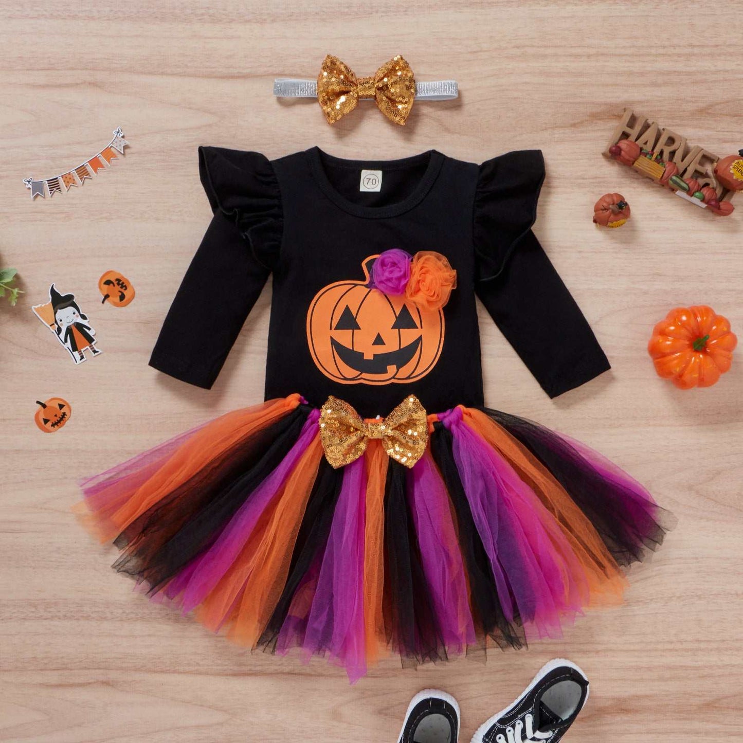Halloween Printed Smiley Face Pumpkin Mesh Skirt Three-piece Set