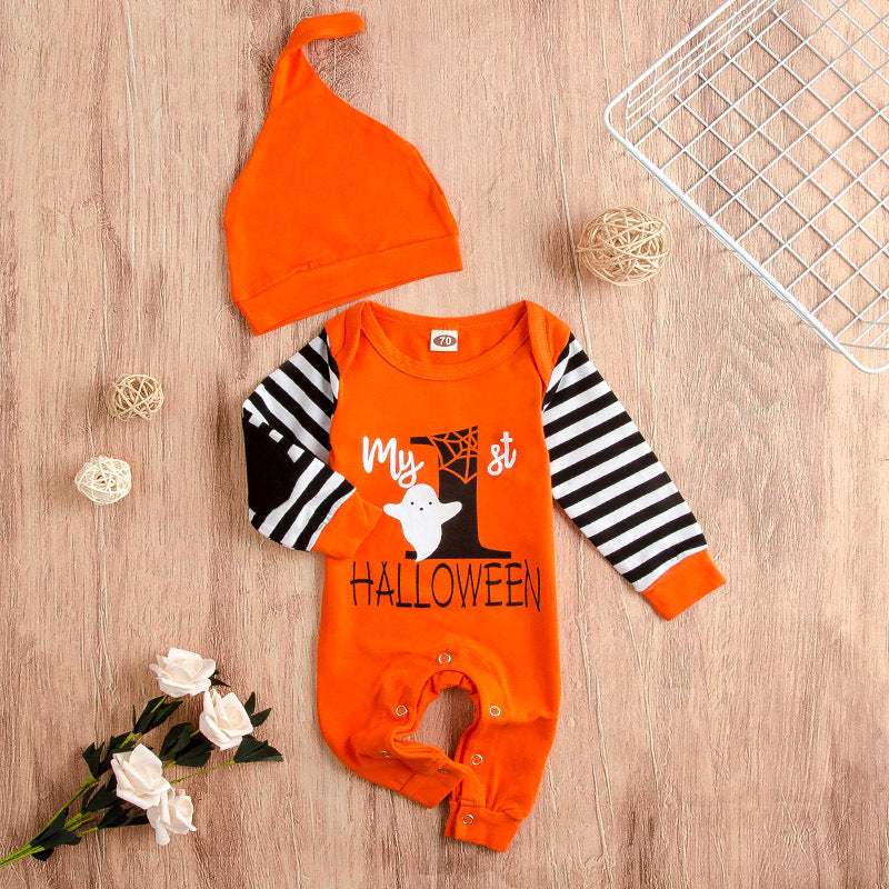 Children's 1st Halloween orange long-sleeve onesie with detachable hood and striped sleeves.