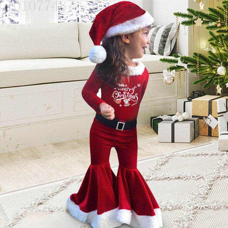 Christmas Plush Top Bell-bottom Pants Hat Three-piece Set