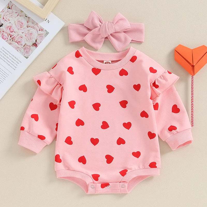 Cute Cotton Love Long-sleeve Onesie with Bow Two-piece Set