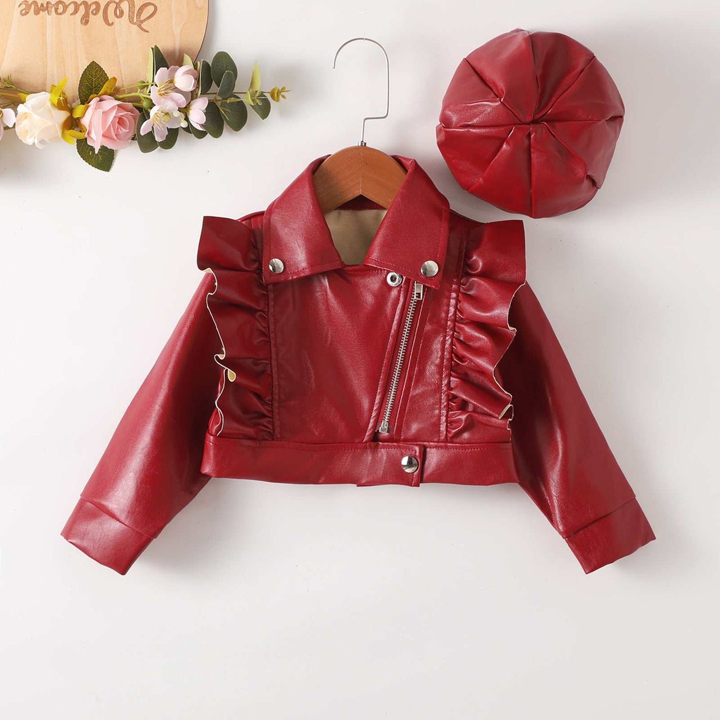 Girls Short Fashionable Ruffle Leather Jacket