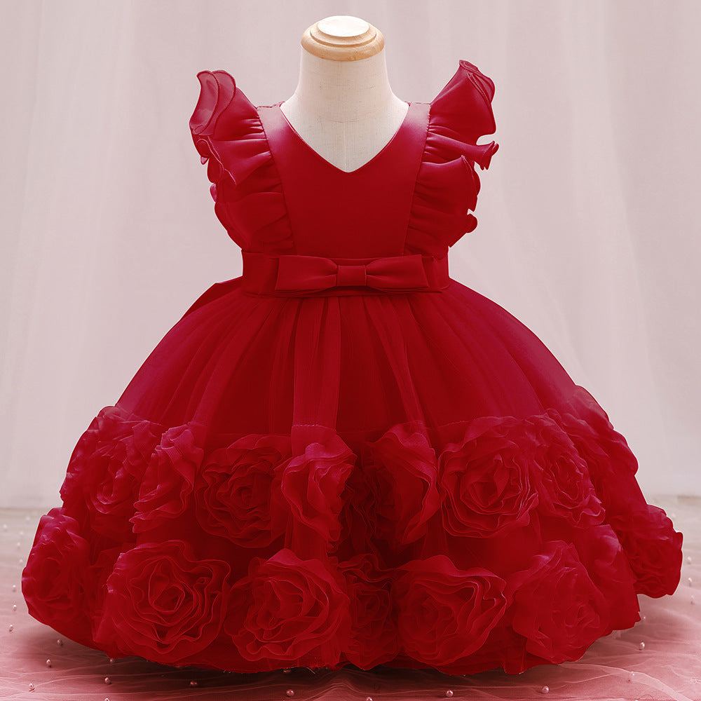 Girls Vested Sleeve Solid Color Princess Pageant Dress