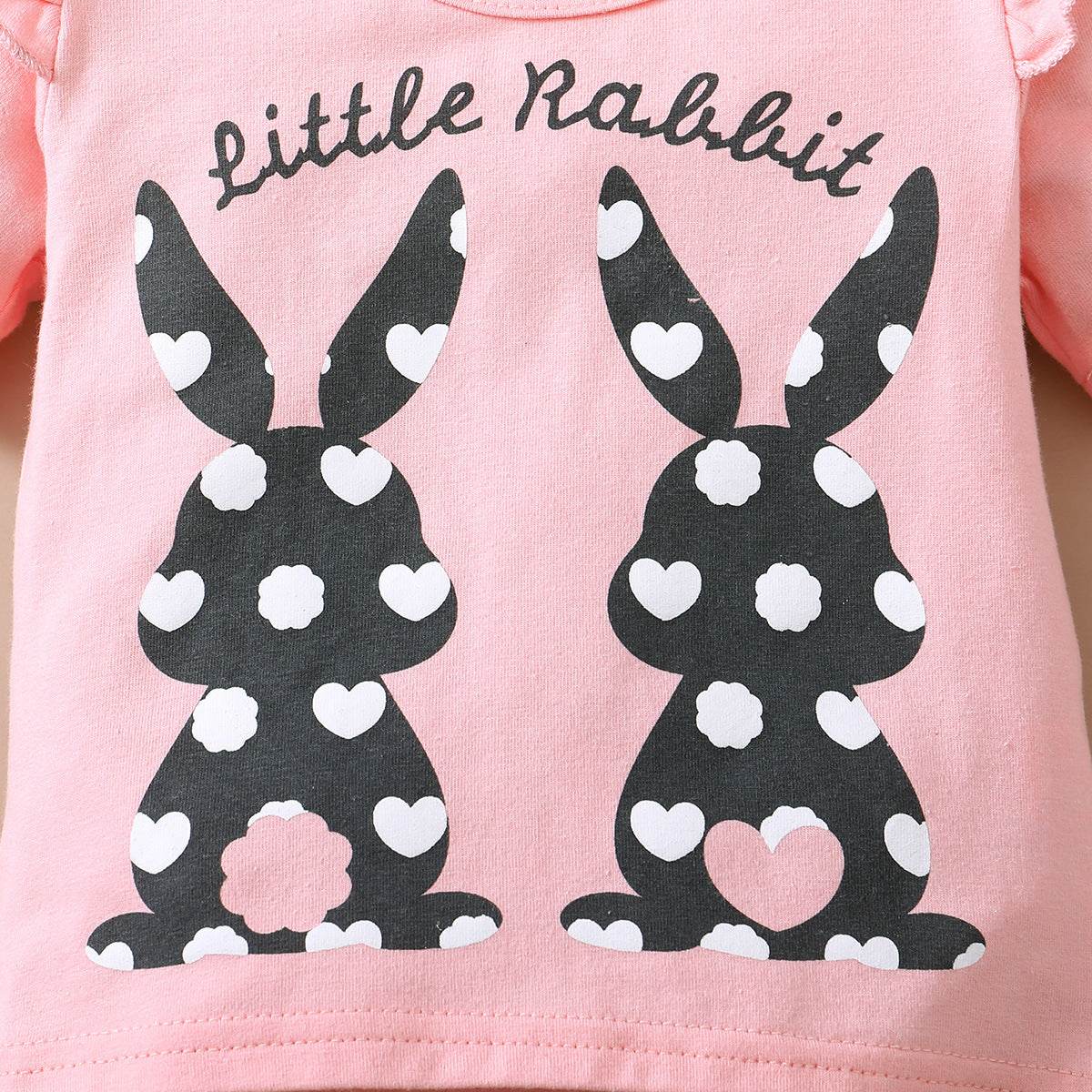 Girls Rabbit Printed Short-sleeved Top Polka Dot Shorts with Bow