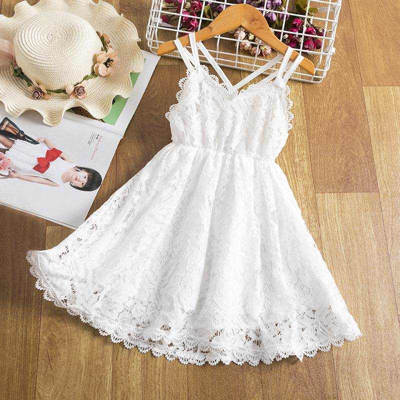 Girls Summer Solid Color Suspender Lace Cross Back Dress