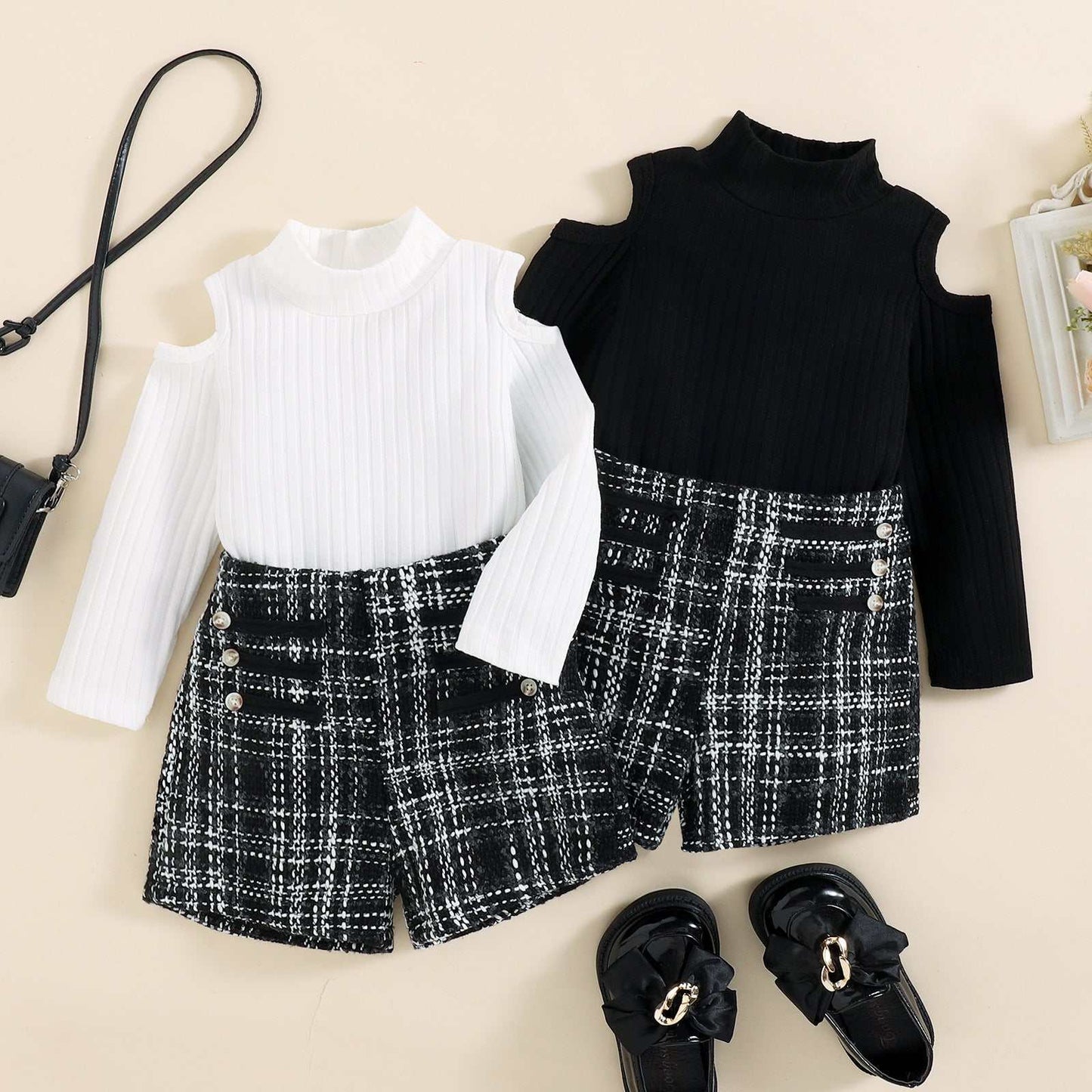 Big girls' off-the-shoulder top tweed plaid shorts suit in white and black, European style.