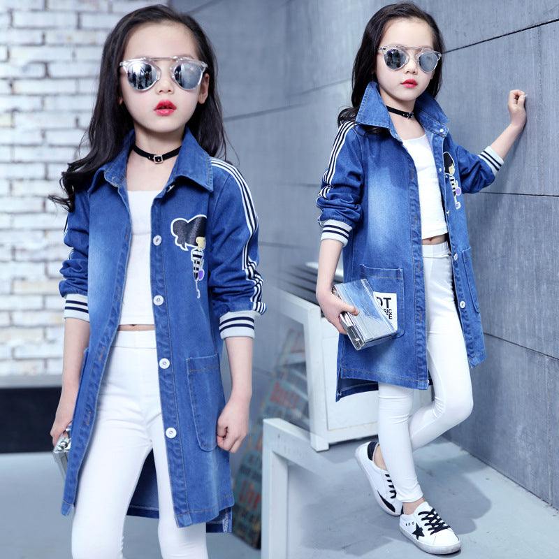 British style girls' long denim jacket, blue, with cartoon and abstract patterns, spring/autumn wear, cotton fabric.