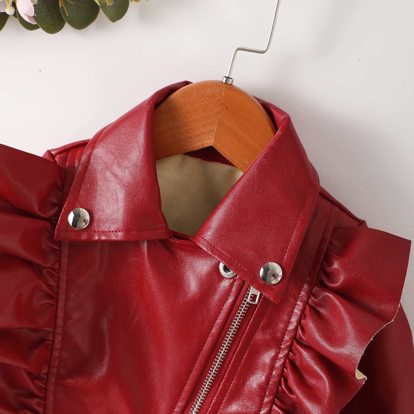 Girls Short Fashionable Ruffle Leather Jacket