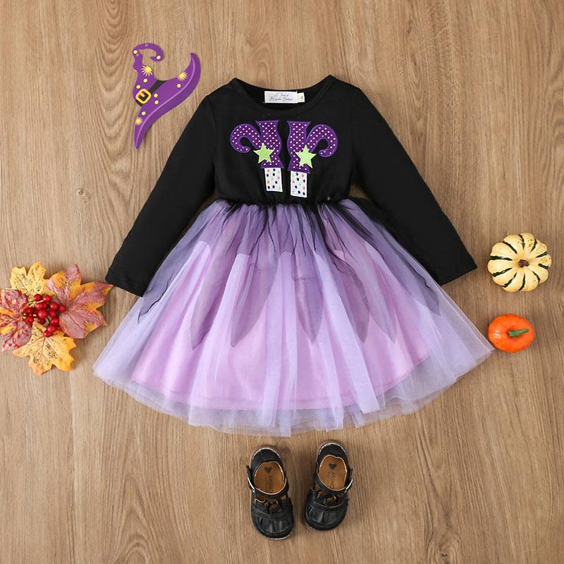 Girls Cute Spooky Halloween Witch Theme Trendy Long Sleeve Dress