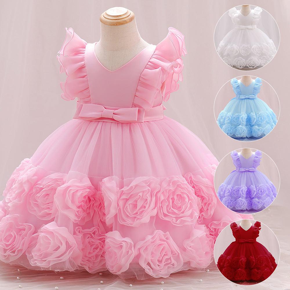 Girls Vested Sleeve Solid Color Princess Pageant Dress