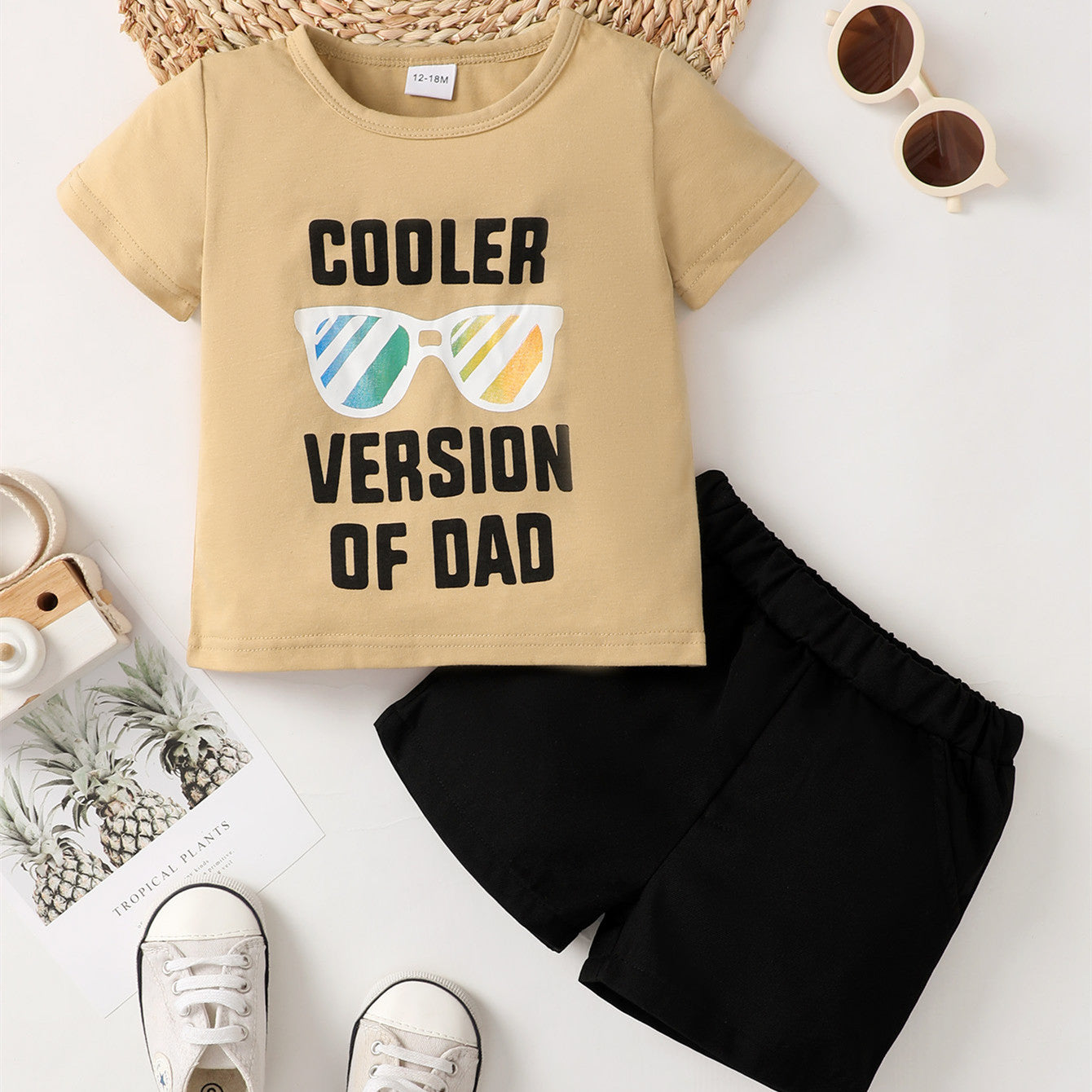 Boys summer casual khaki T-shirt and black shorts set with sunglasses graphic, perfect for ages 3-8.