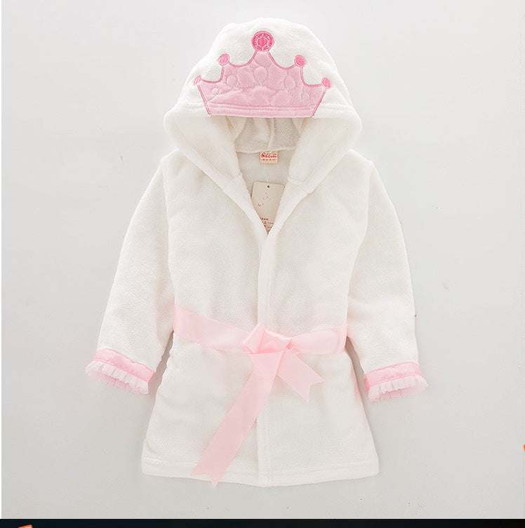 New fashion children’s pink hooded bathrobe with crown detail, made from soft acrylic material.