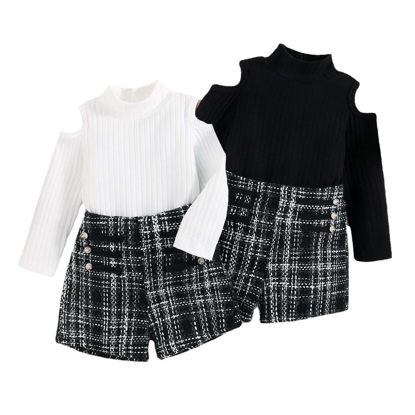 Big Girls Off-the-shoulder Top Tweed Plaid Classic Style Shorts Suit