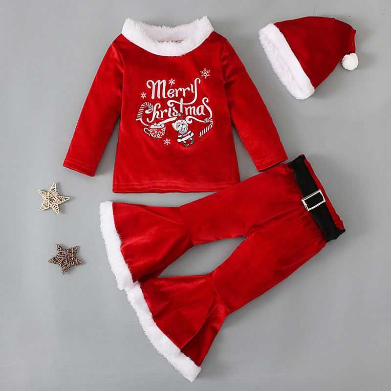 Christmas Plush Top Bell-bottom Pants Hat Three-piece Set