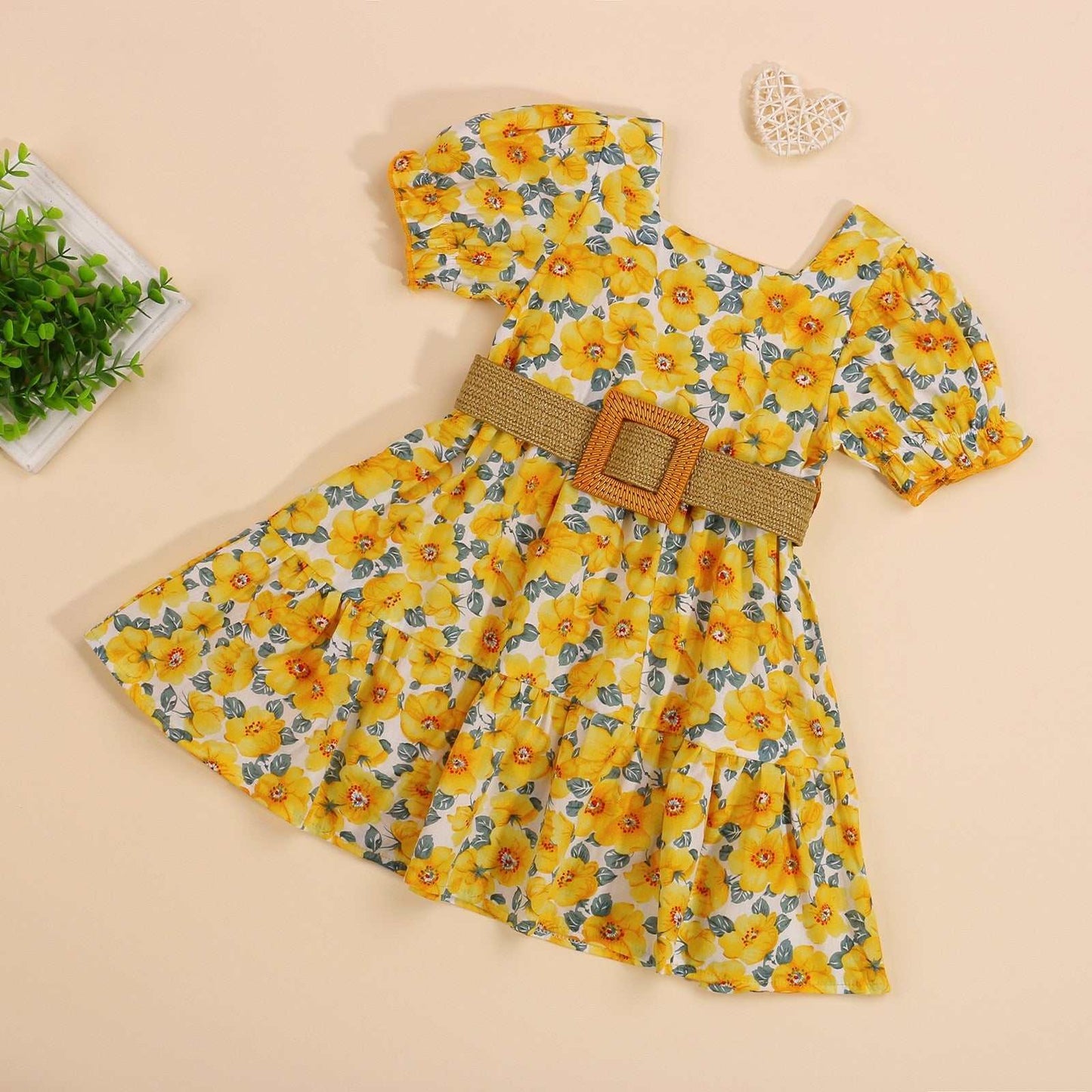 Baby Girls Floral Casual Dress With Mid waist Brown Belt