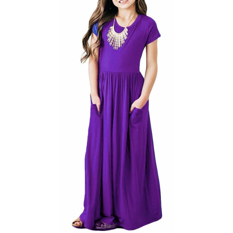 Girls Comfortable Short Sleeve Solid Color Dress with Pockets