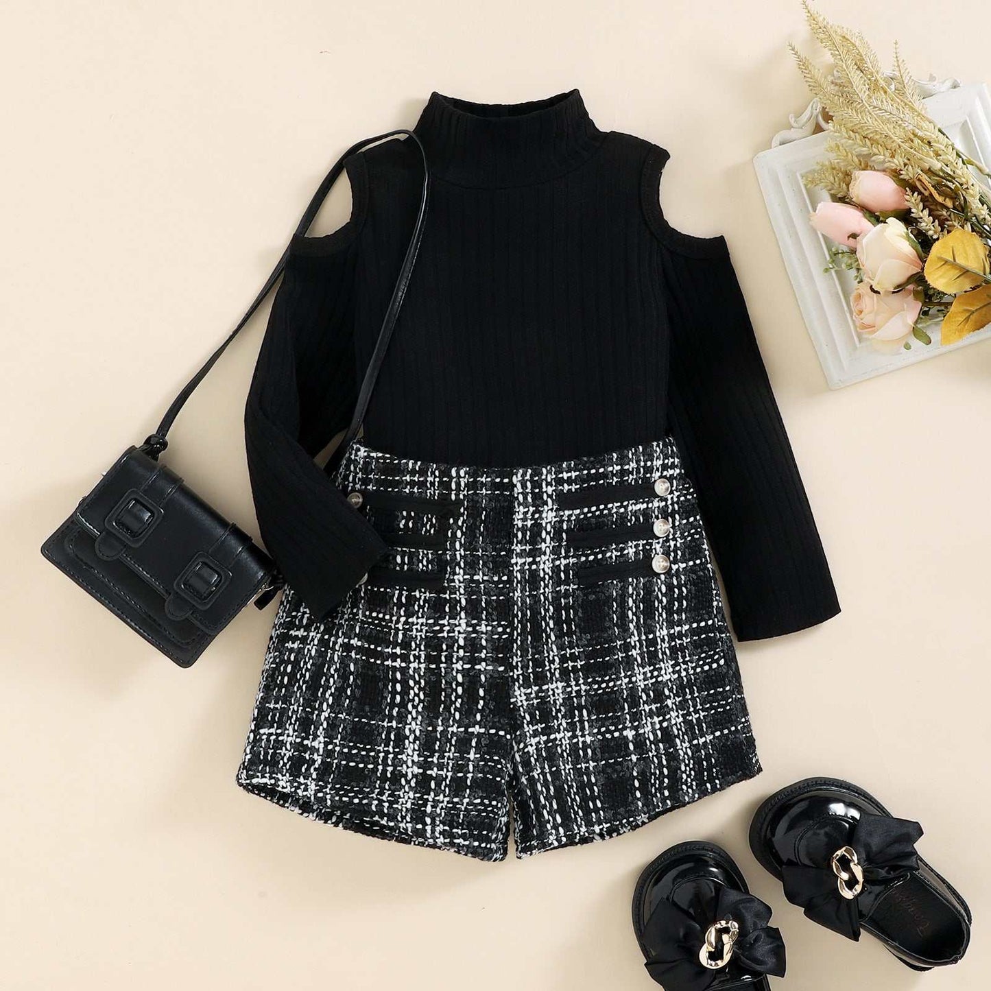 Big Girls Off-the-shoulder Top Tweed Plaid Classic Style Shorts Suit