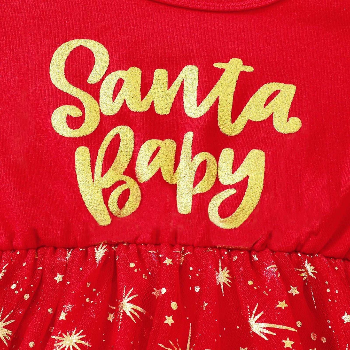 Santa Letter Printed Mesh Puff Long sleeve Dress with Bow