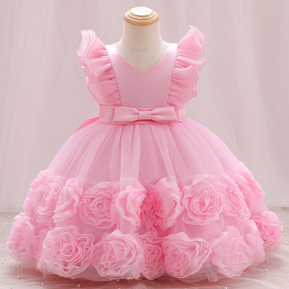 Girls Vested Sleeve Solid Color Princess Pageant Dress