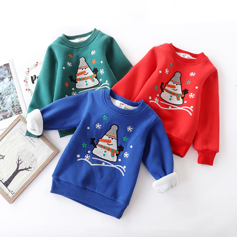 Christmas Snowman sweaters in green, red, and blue with cartoon snowman design, made from thick cotton with polyester liner.