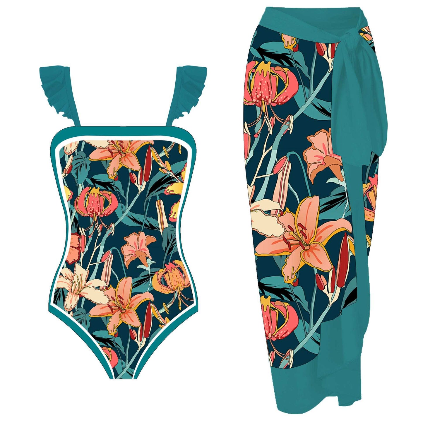 Girls One-piece Swimming Suit with Bottom Cover Set